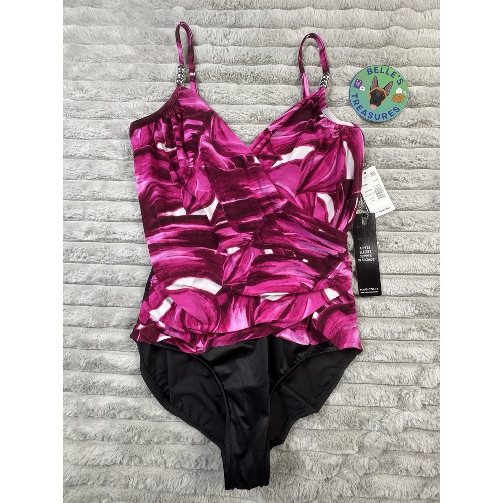 Magicsuit Underwire Slimming One Piece Black Pink Floral Beaded Size 14 NWT $180